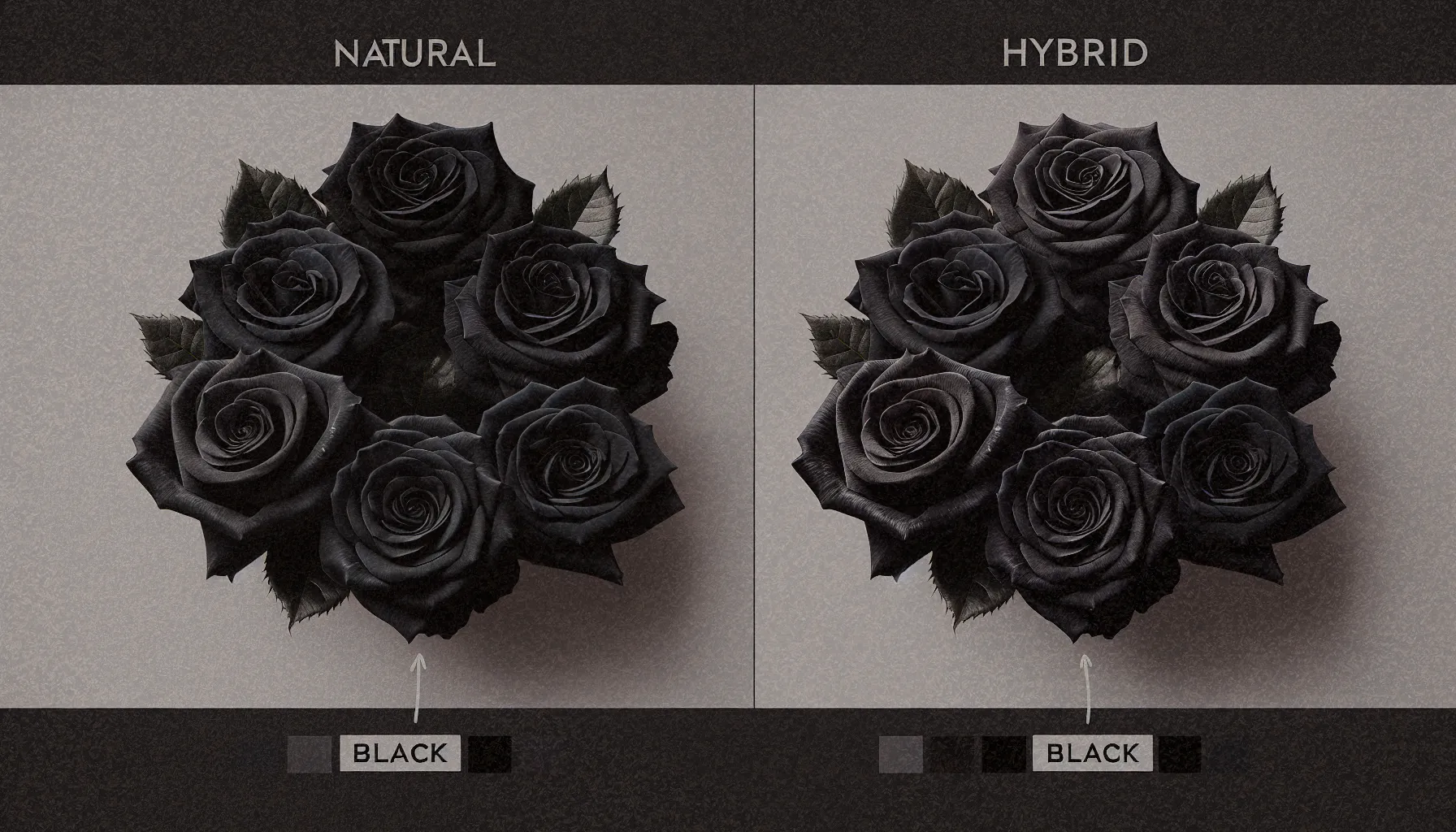 Comparativa entre rosas negras naturales y rosas negras híbridas, destacando sus colores y características.