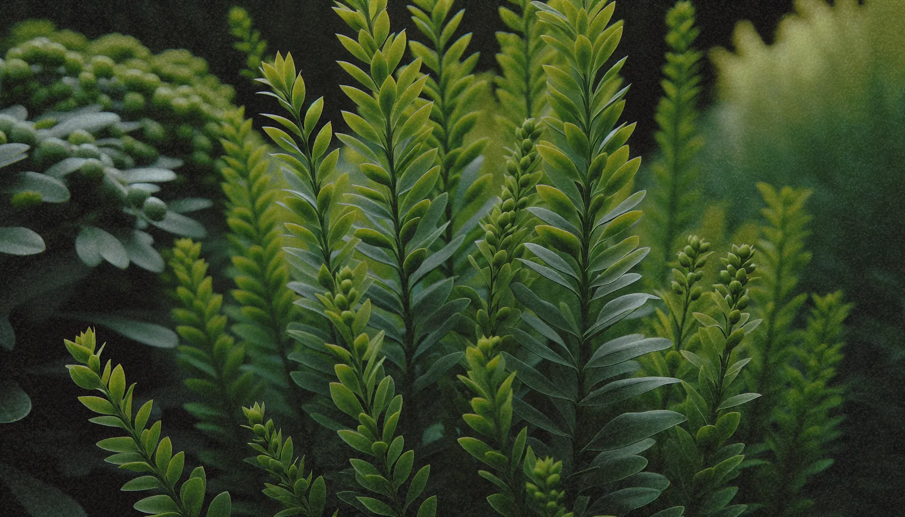 Tallos y filodios de la planta de ruscus en un jardín, mostrando su color verde brillante y su forma distintiva.