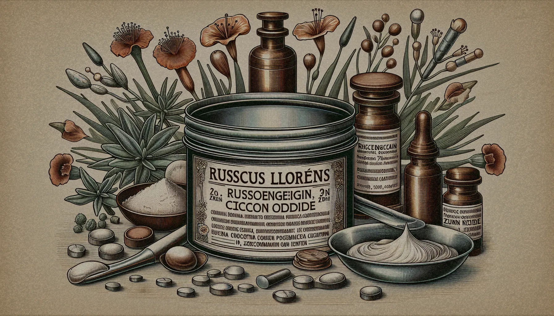 Pomada Ruscus Llorens junto a ingredientes como ruscogenina, cincocaína y óxido de zinc, representando su uso medicinal.