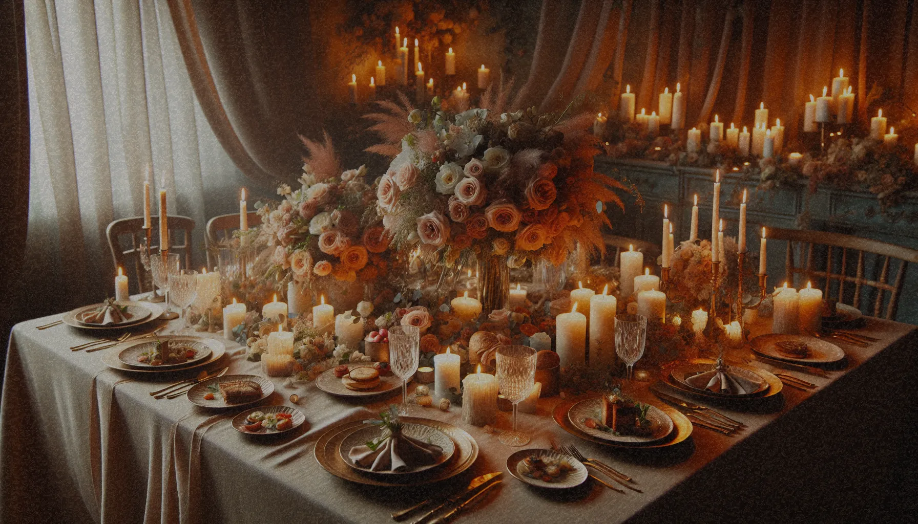 Mesa romántica decorada con velas, flores y platos gourmet en un ambiente acogedor