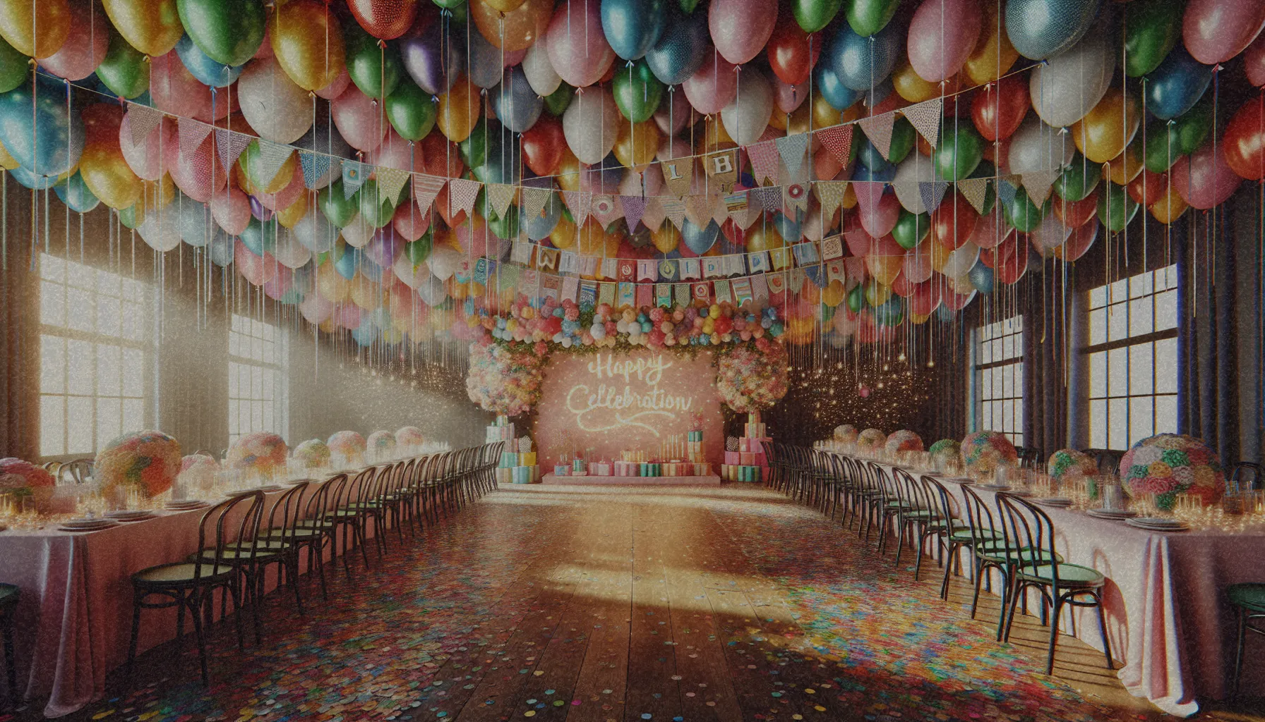 Decoración temática de fiesta con globos y pancartas