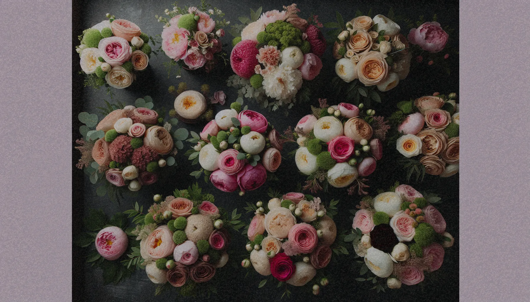 Diversos tipos de ramos de flores redondos, exhibiendo su simetría y elegancia con rosas y peonías.