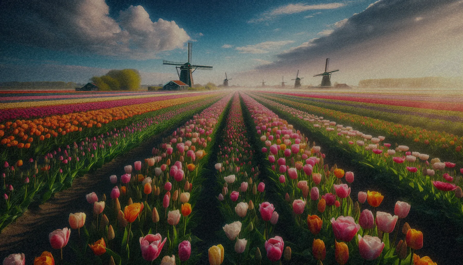 Campo lleno de tulipanes de diferentes colores en los Países Bajos durante la primavera.