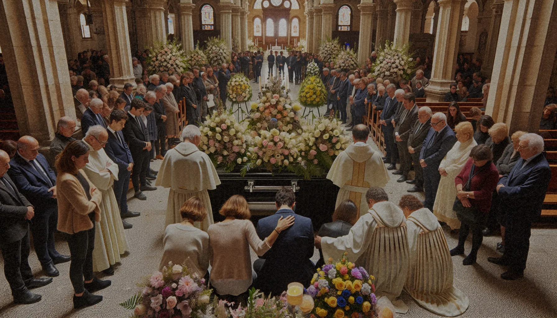 Ceremonia de despedida en un velatorio en Zaragoza con flores y familiares