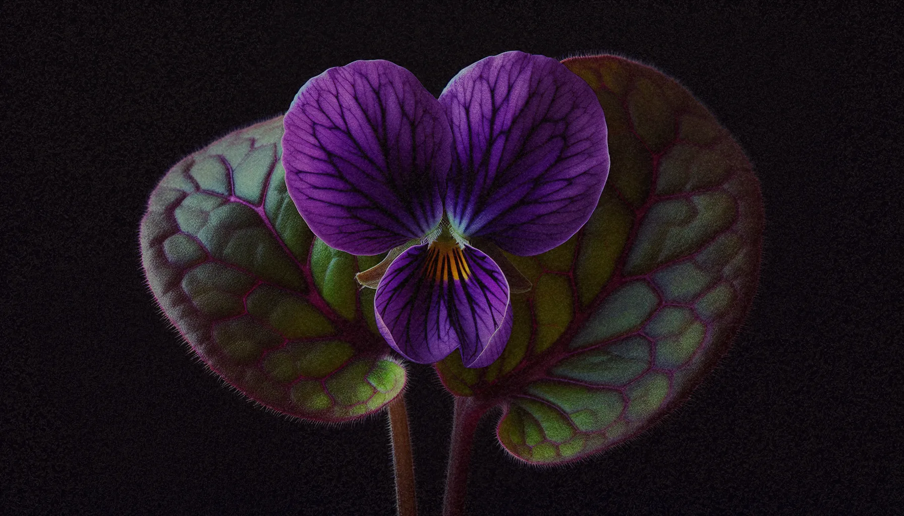 Violeta flor mostrando sus características únicas: tallo bajo, hojas acorazonadas y flores violetas.